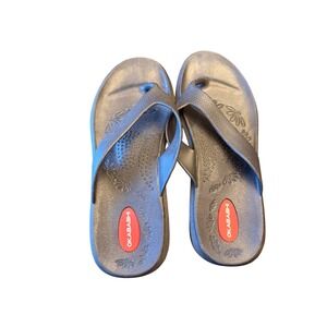 Okabashi Flip Flops Dark Grey Flower Detail Comfort Thong Sandals Size Medium